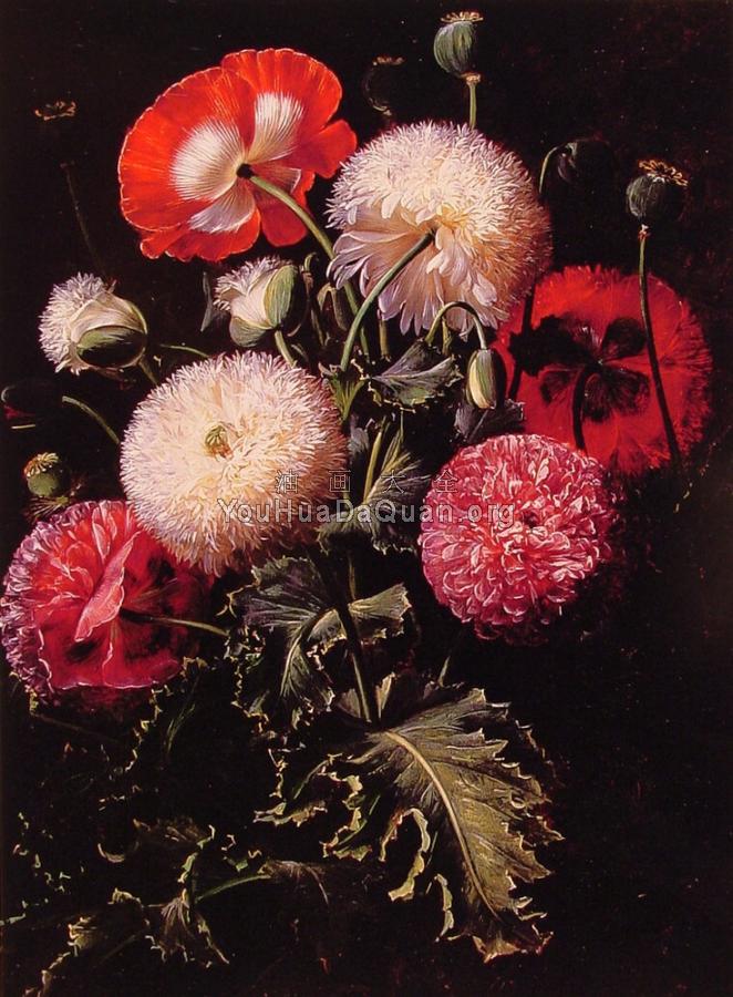 Still Life with Pink Red and White Poppies - 约翰·劳伦茨·延森